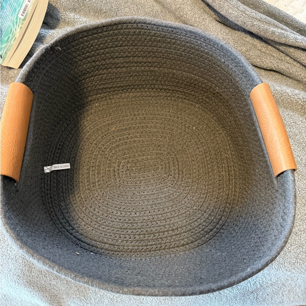 Gray Woven Basket with Tan Handles
